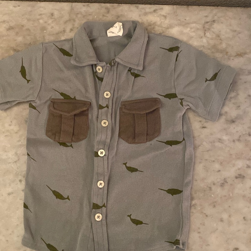 kate quinn Light Blue Short Sleeve Button-Down with Olive Whale Print